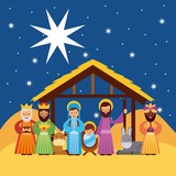 merry christmas greetings with jesus born in manger joseph and mary wise king characters vector illustration