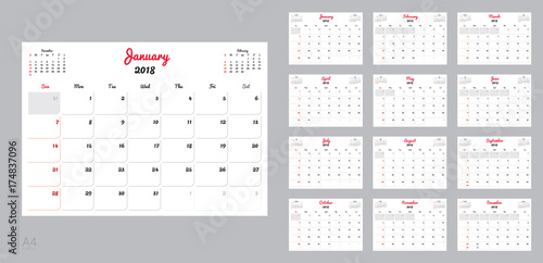 Vector design template of calendar planner for 2018 year.