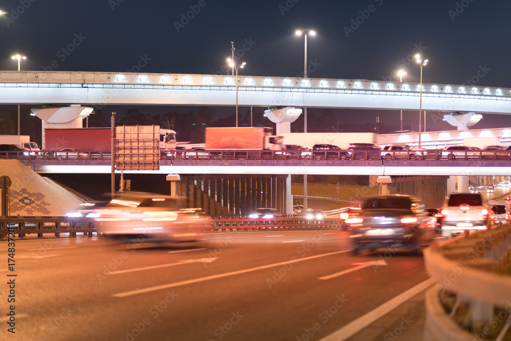 Fototapeta premium Night road. Highway. Road junction. Moscow, Russia