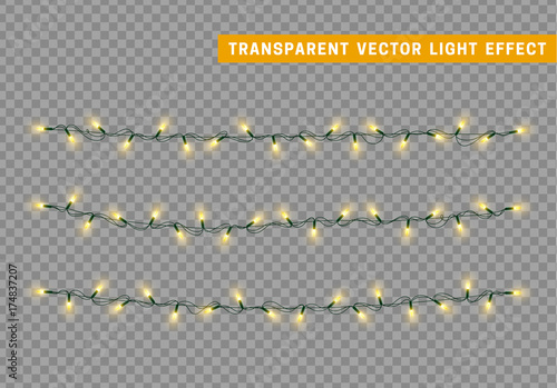 Lights string garlands color yellow. Christmas lights isolated realistic design. Glowing Xmas decorations.