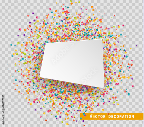 Colorful celebration background with confetti. Paper white bubble for text.