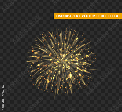 Firework gold isolated. Xmas decoration. Holiday design element. Bright realistic golden firework with transparent background effect.