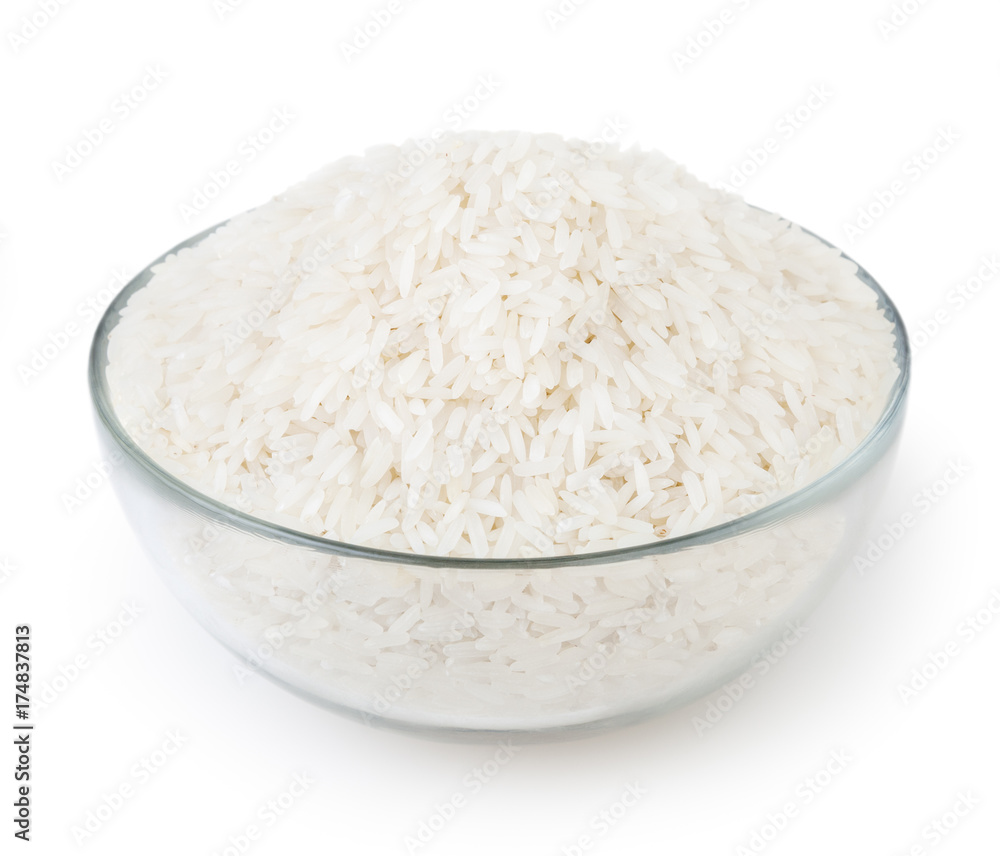 Uncooked white long-grain jasmine rice isolated on white background with clipping path Uncooked white long-grain jasmine rice isolated on white background with clipping path