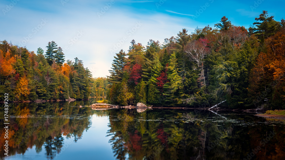 Fall foliage reflected in the Franklin Falls Pond in Franklin, New York, the Adirondacks