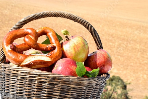 Tableau sur toile Korb mit Äpfeln und Brezel
