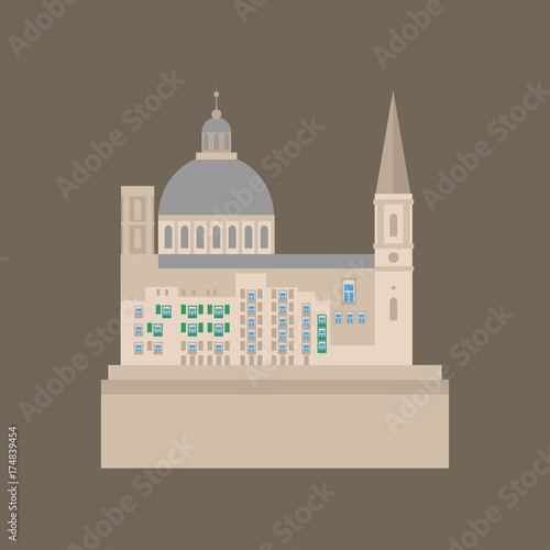 Flat building of Malta country, travel icon landmark . City architecture. World European travel vacation sightseeing.