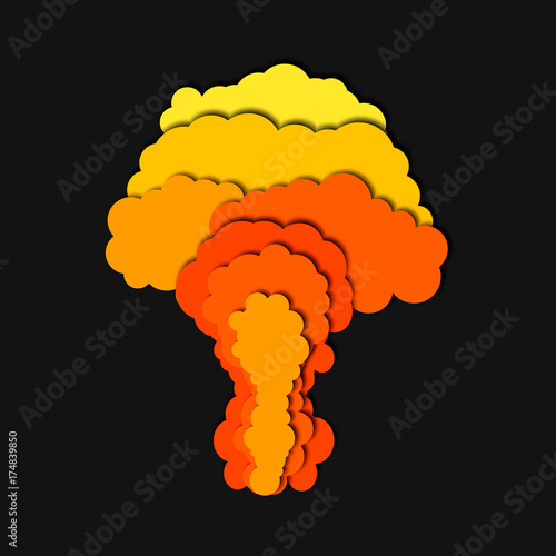 Nuclear power plant explosion isolated. 3d abstract paper cut background. Vector template in carving art style.