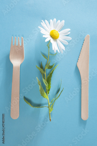 the Fork with knife white daisy on blue background.