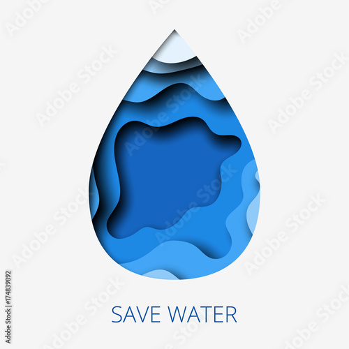 Save water 3d abstract paper cut illustration of water drop. Vector colorful template in carving art style.