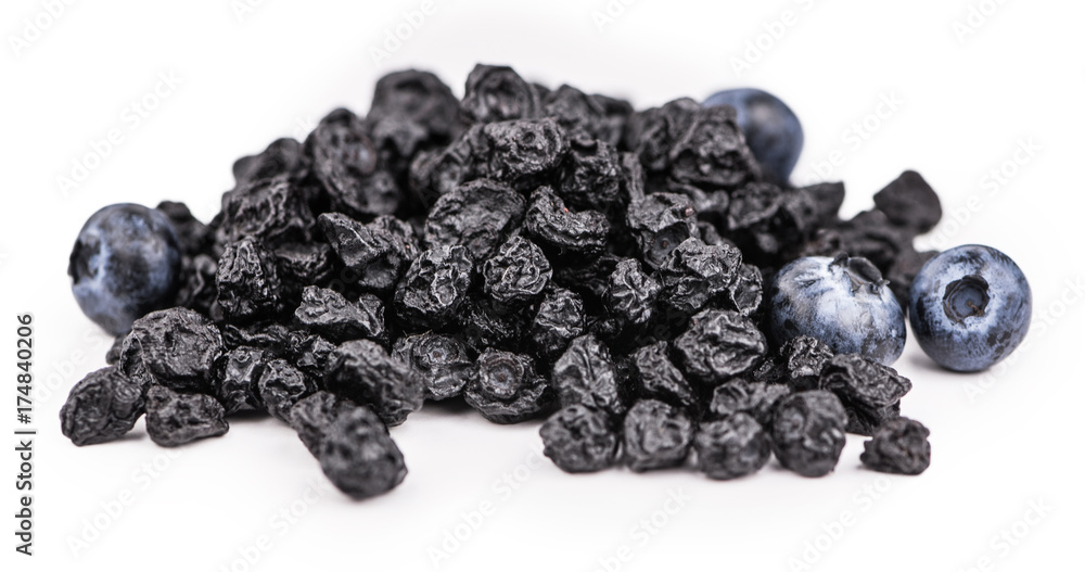 Portion of Dried Blueberries isolated on white Portion of Dried Blueberries isolated on white