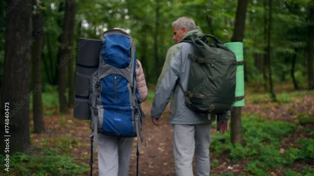 Rear view of a pleasant aged couple of tourists walking in the forest Rear view of a pleasant aged couple of tourists walking in the forest