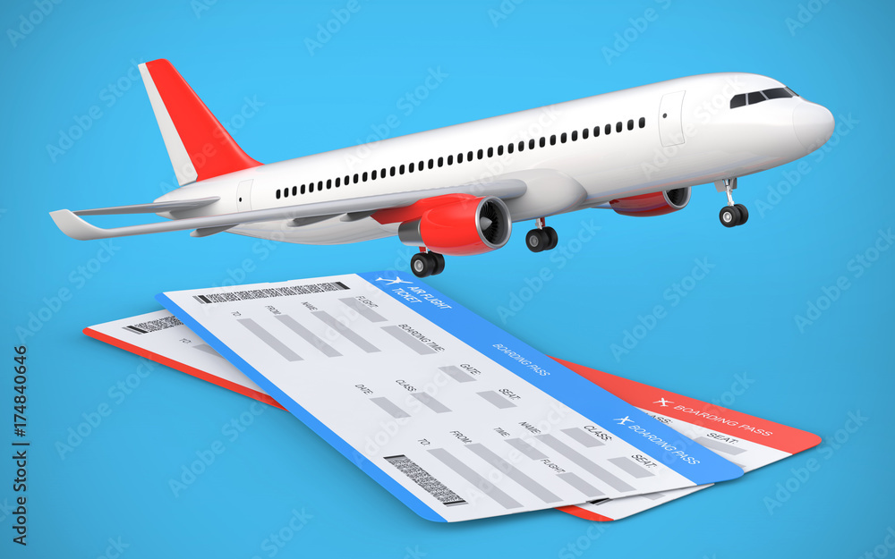 3d render of two airline, air flight tickets with airplane, airliner on the blue background.