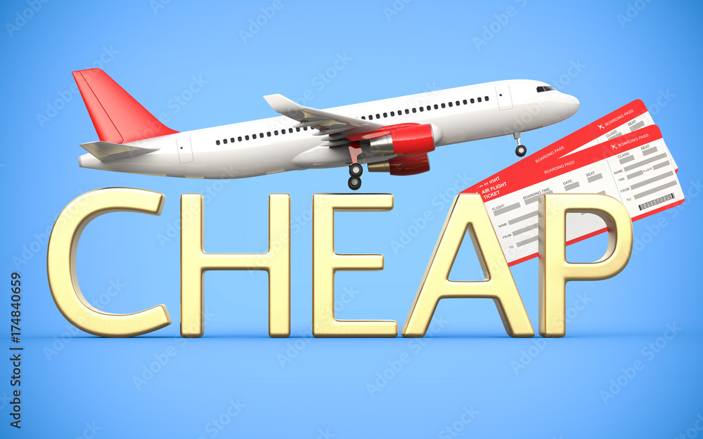 3d render airline, air tickets with airplane, airliner and gold text is  cheap, on the blue background. Symbolizing cheap flight tickets. Photos |  Adobe Stock