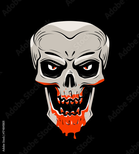 Evil skull and blood. Halloween, zombie, undead, vampire cartoon. Vector illustration