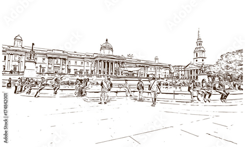 Sketch of The National Gallery is an art museum in Trafalgar Square in the City of Westminster, in Central London UK ( United kingdom, England ) in vector illustration