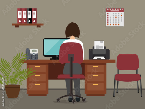 Workplace of office worker. The woman is an employee at work, she is sitting at a desk. There is a printer, a phone, a shelf with folders and other objects in the picture. Vector flat illustration