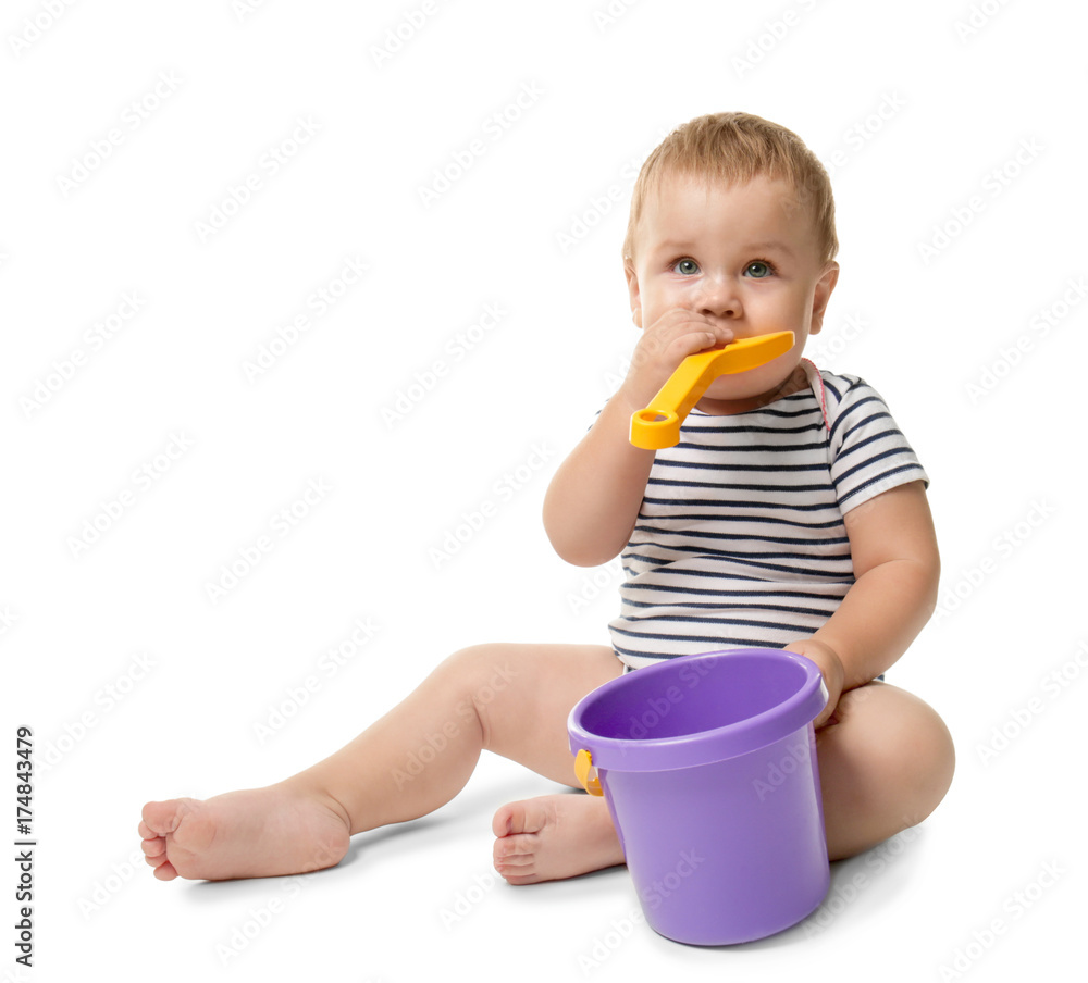 Cute little baby with toys, isolated on white Cute little baby with toys, isolated on white