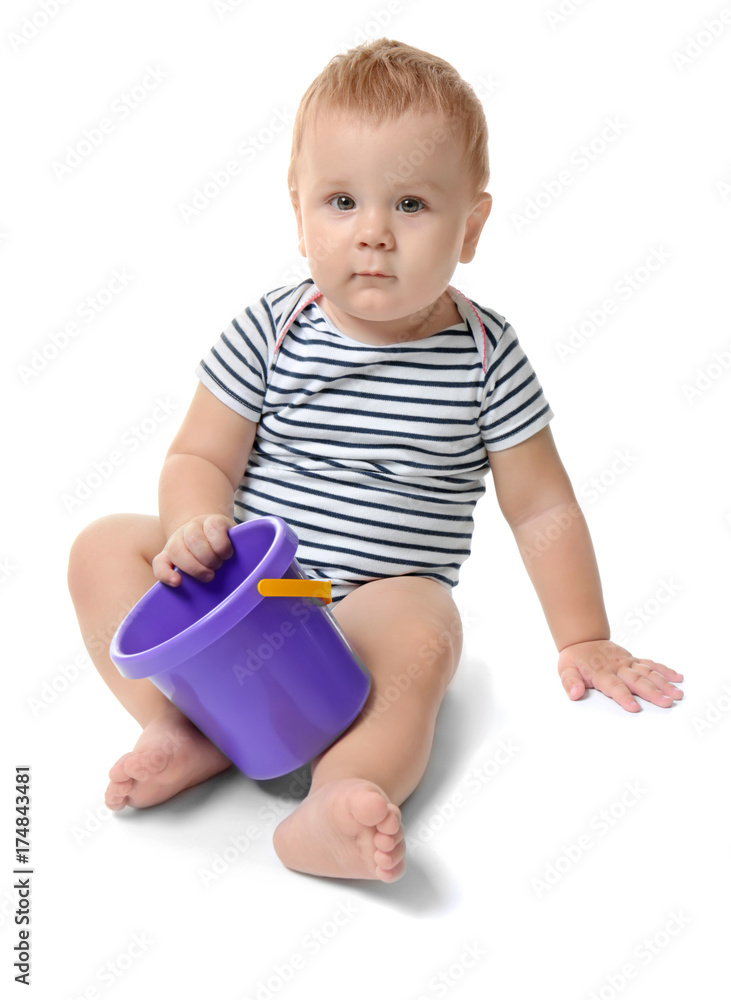 Cute little baby with toy, isolated on white Cute little baby with toy, isolated on white