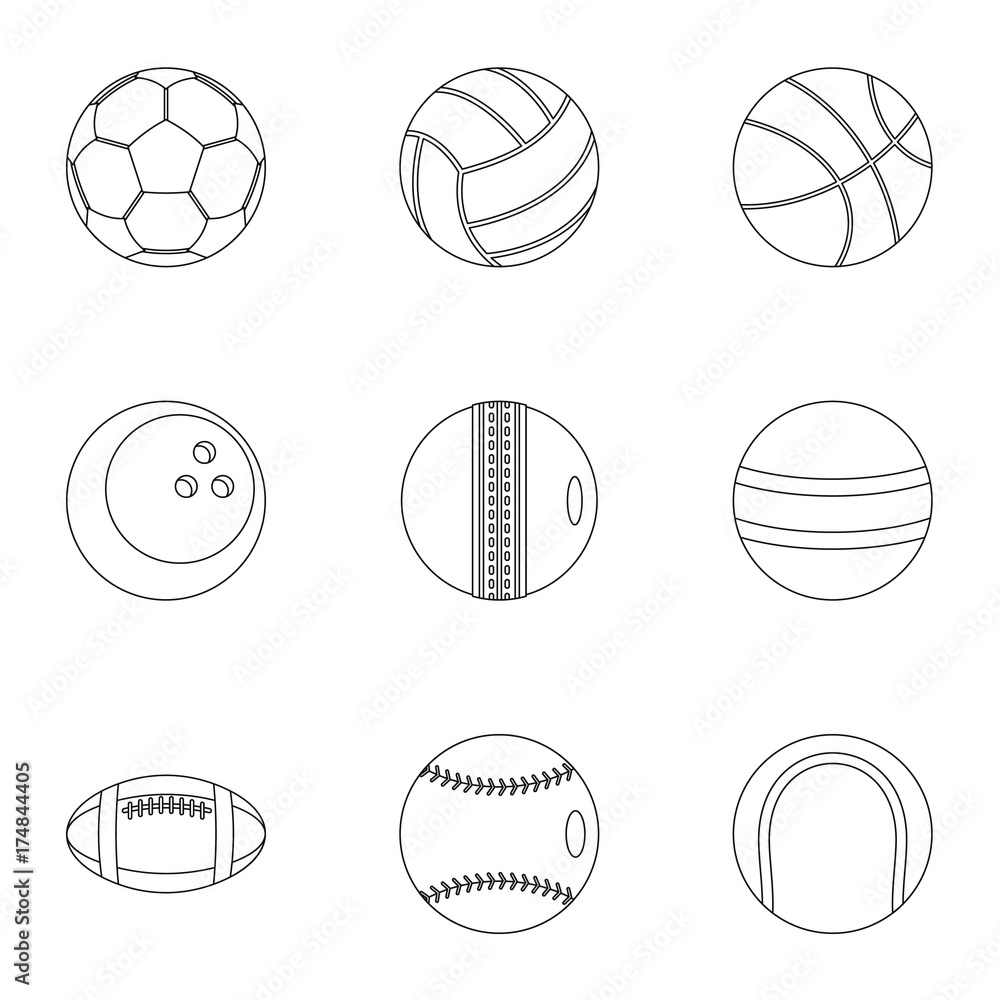 Game equipment icons set, outline style