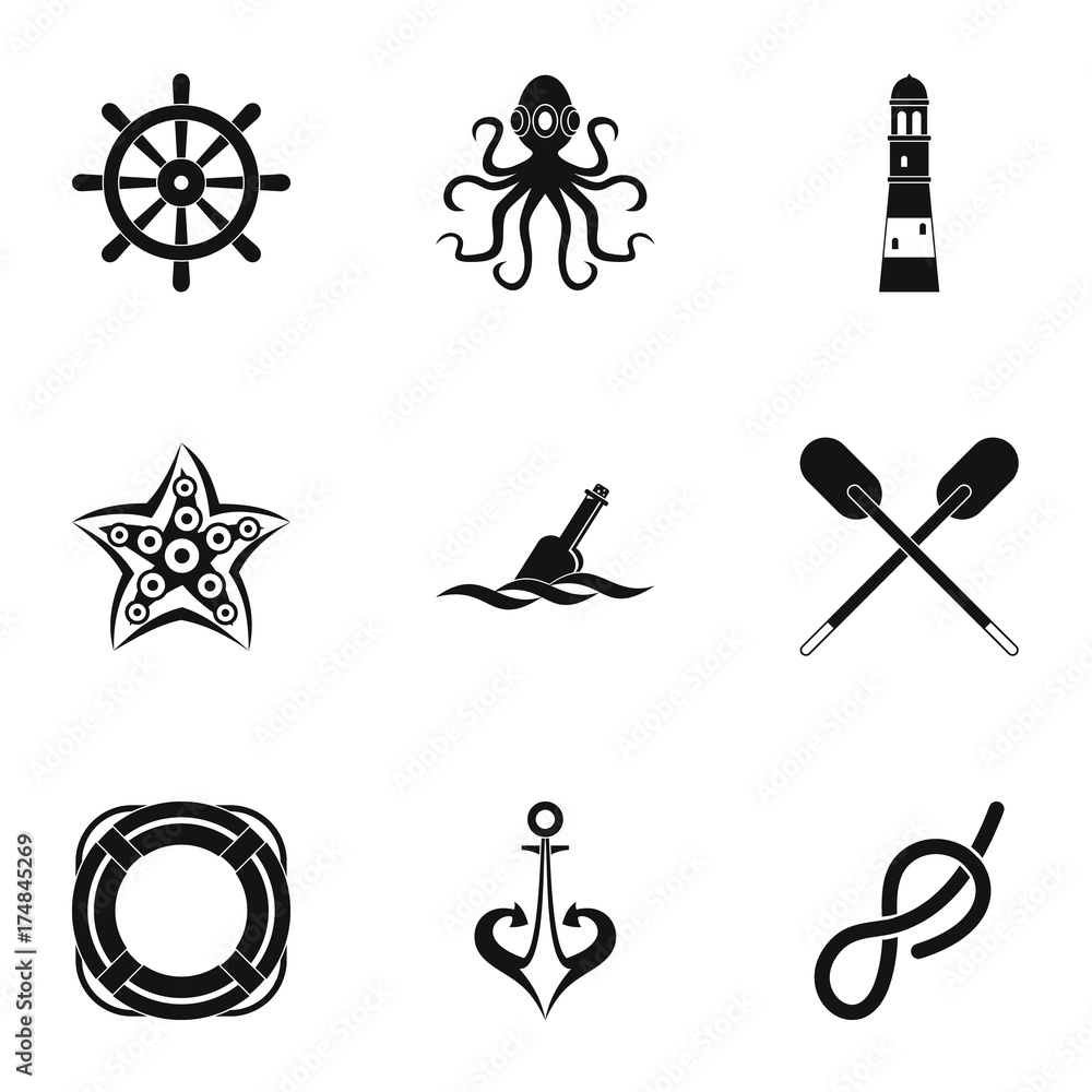Marine icons set, simple style Marine icons set, simple style