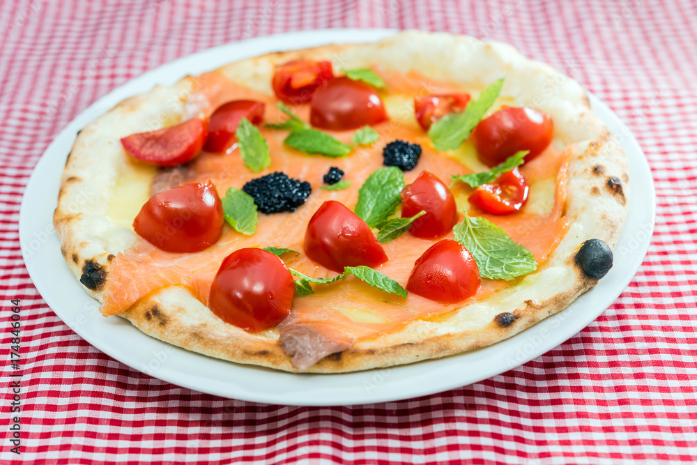 tasty salmon pizza on a the table tasty salmon pizza on a the table