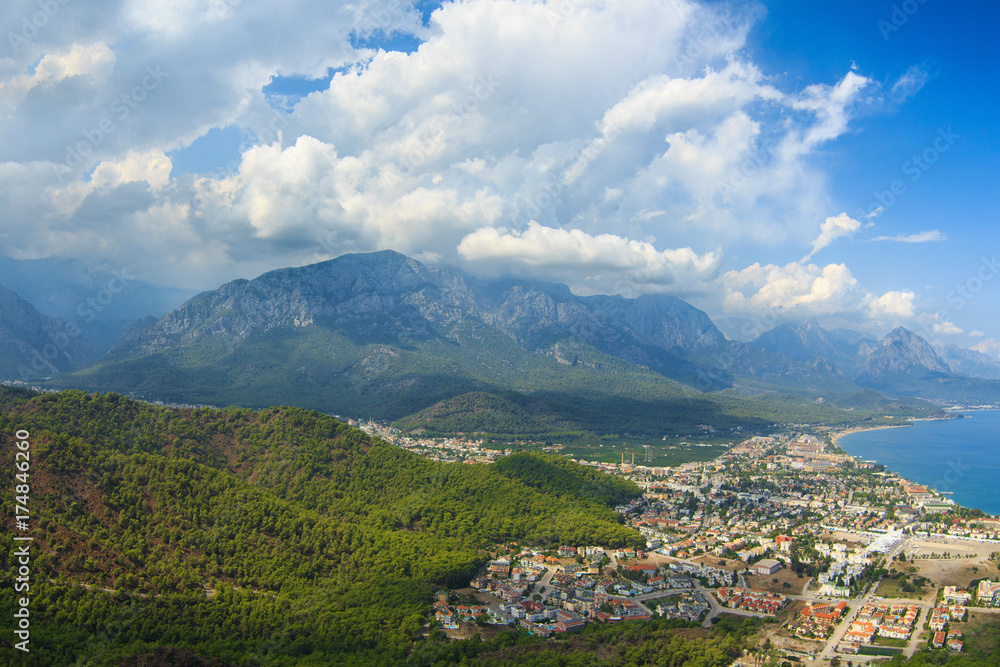 Fototapeta premium view of the town of Kemer and sea from a mountain