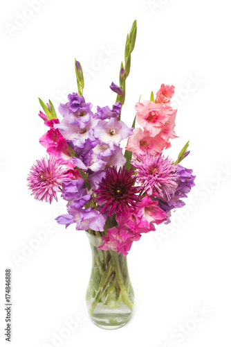 Fototapeta Naklejka Na Ścianę i Meble -  Beautiful  bouquet pink fashionable gladiolus and dahlia flower in a vase isolated on white background. Wedding bouquet of the bride