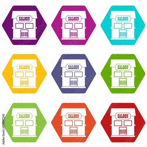 Western saloon icon set color hexahedron