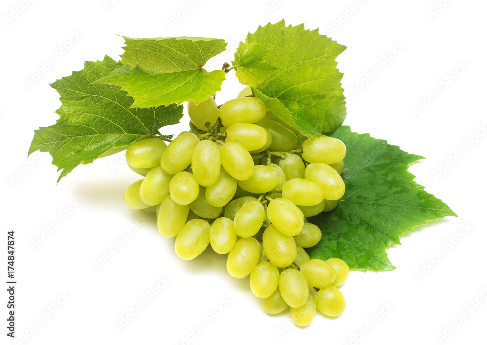 Fresh green grapes branch isolated on white background. Creative concept of fruit, butterfly shape. Flat lay, top view Fresh green grapes branch isolated on white background. Creative concept of fruit, butterfly shape. Flat lay, top view