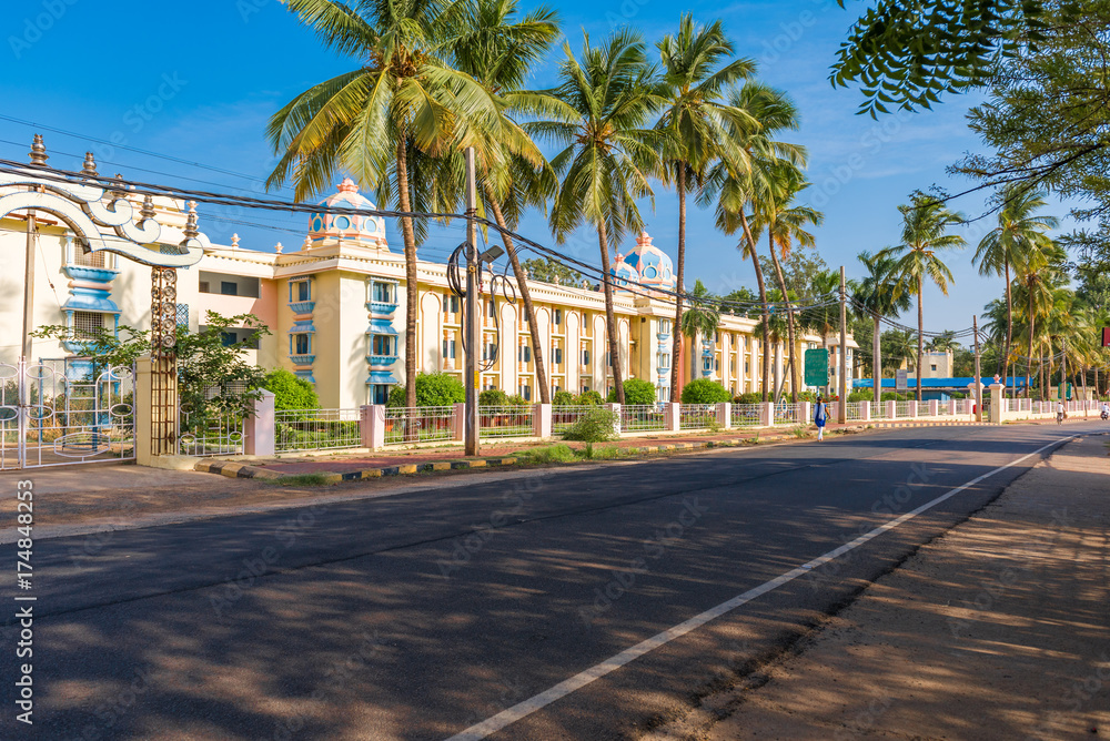 View of the indian building, Puttaparthi, Andhra Pradesh, India. Copy space for text.