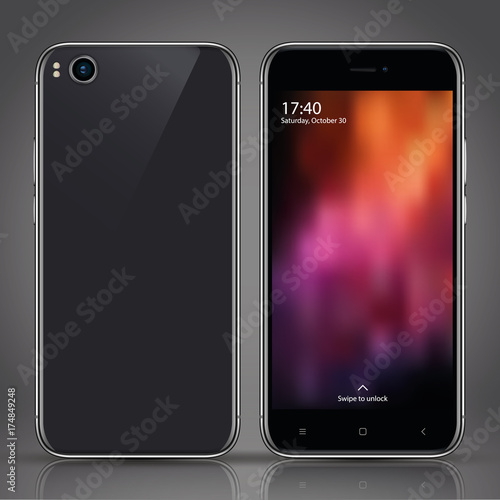 black glossy smartphone high quality front and back on dark background with reflection