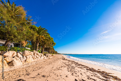 Sand beach in Miami Platja, Tarragona, Catalunya, Spain. Copy space for text.