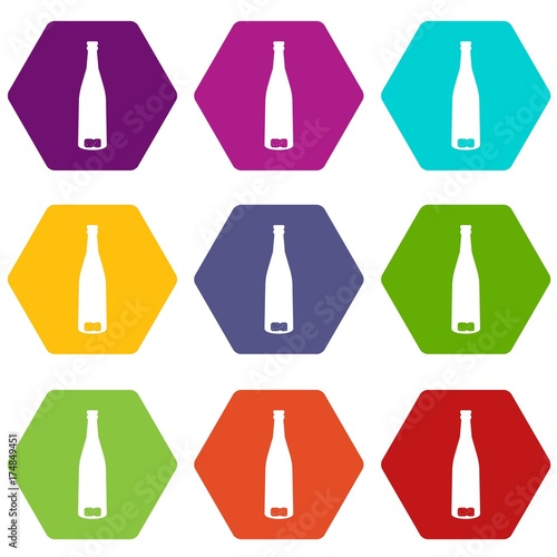 Empty wine bottle icon set color hexahedron