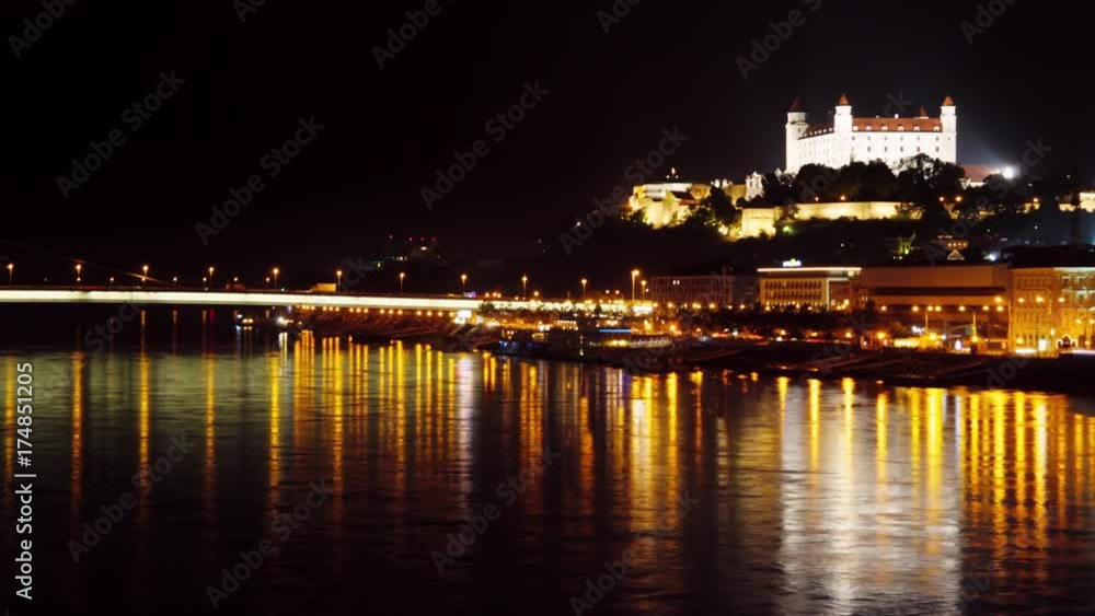 bratislava skyline pan timelapse at night view of castle and ufo bridge bratislava skyline pan timelapse at night view of castle and ufo bridge