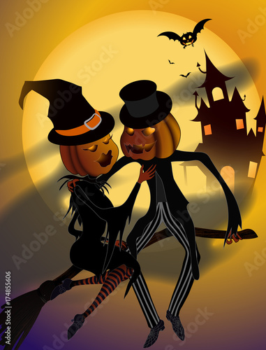 Couple with pumpkin heads flying on the broom