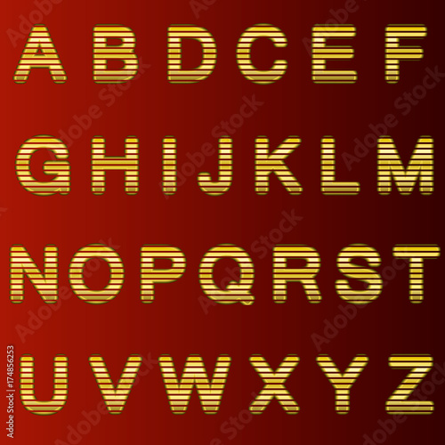 A complete set of gold  3D letters cut into straight strips. The edges of the letters are rounded. Font is isolated by a dark red background.  Vector illustration.