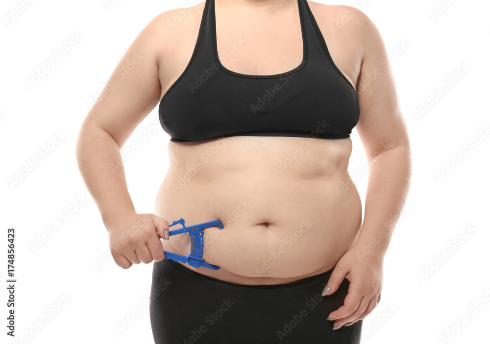 © Africa Studio - Overweight woman with measuring caliper on white background. Weight loss concept