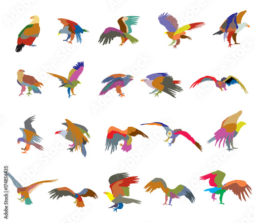 Set of colorful mosaic vector american eagle silhouettes