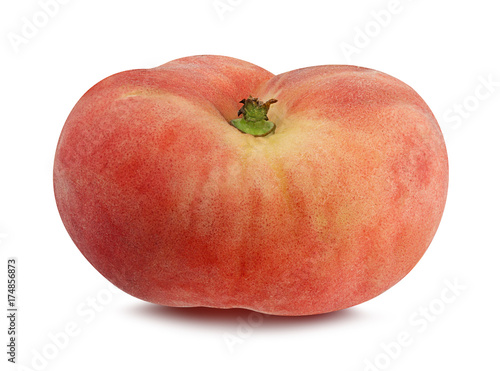 Fresh chinese flat donut peach with leaf isolated on white with clipping path