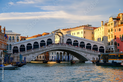 The Rialto Bridge over the Grand Canal in Venice at sunset