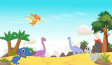 cute dinosaurs cartoon with prehistoric landscape