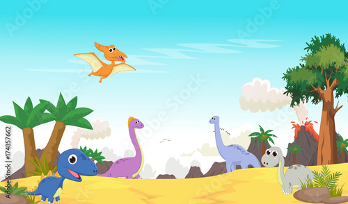 cute dinosaurs cartoon with prehistoric landscape