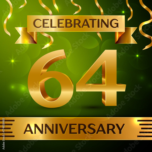 Realistic Sixty four Years Anniversary Celebration Design. Confetti and gold ribbon on green background. Colorful Vector template elements for your birthday party. Anniversary ribbon photo