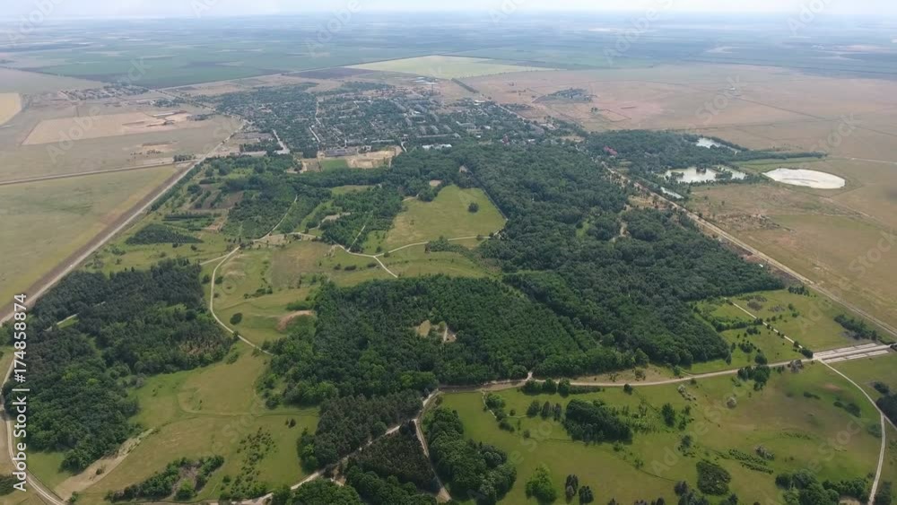 A marvelous bird`s eye view of beautiful meadows and patches of pine forest between huge agricultural fields. The straight roads limit the forest. The horizon line is great and gorgeous A marvelous bird`s eye view of beautiful meadows and patches of pine forest between huge agricultural fields. The straight roads limit the forest. The horizon line is great and gorgeous
