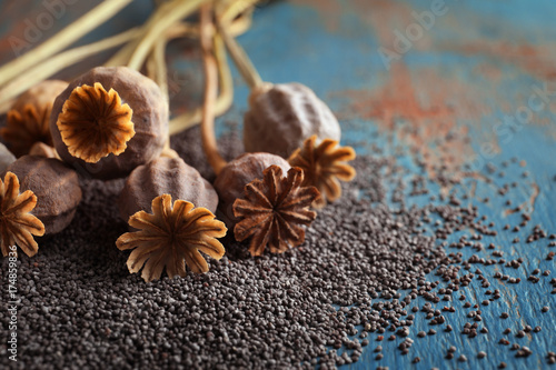 Dried poppy heads and seeds on table, closeup