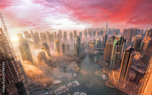 Dubai Marina with colorful sunset in Dubai  United Arab Emirates