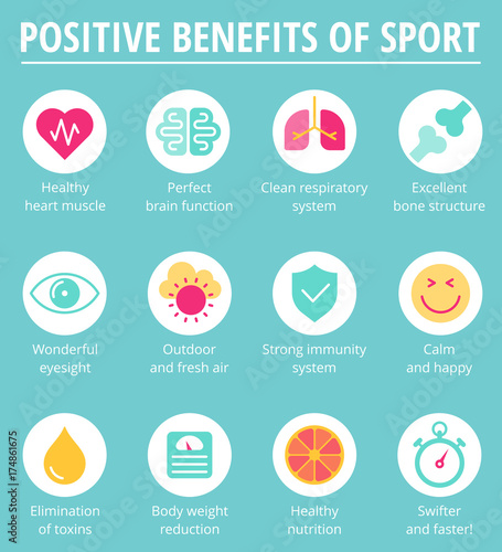 The health care, sport and human internal organs icon set. Positive benefits of sport exercises concept icons. Flat vector pictogram set of medicine and anatomy: heart, brain, respiratory system.
