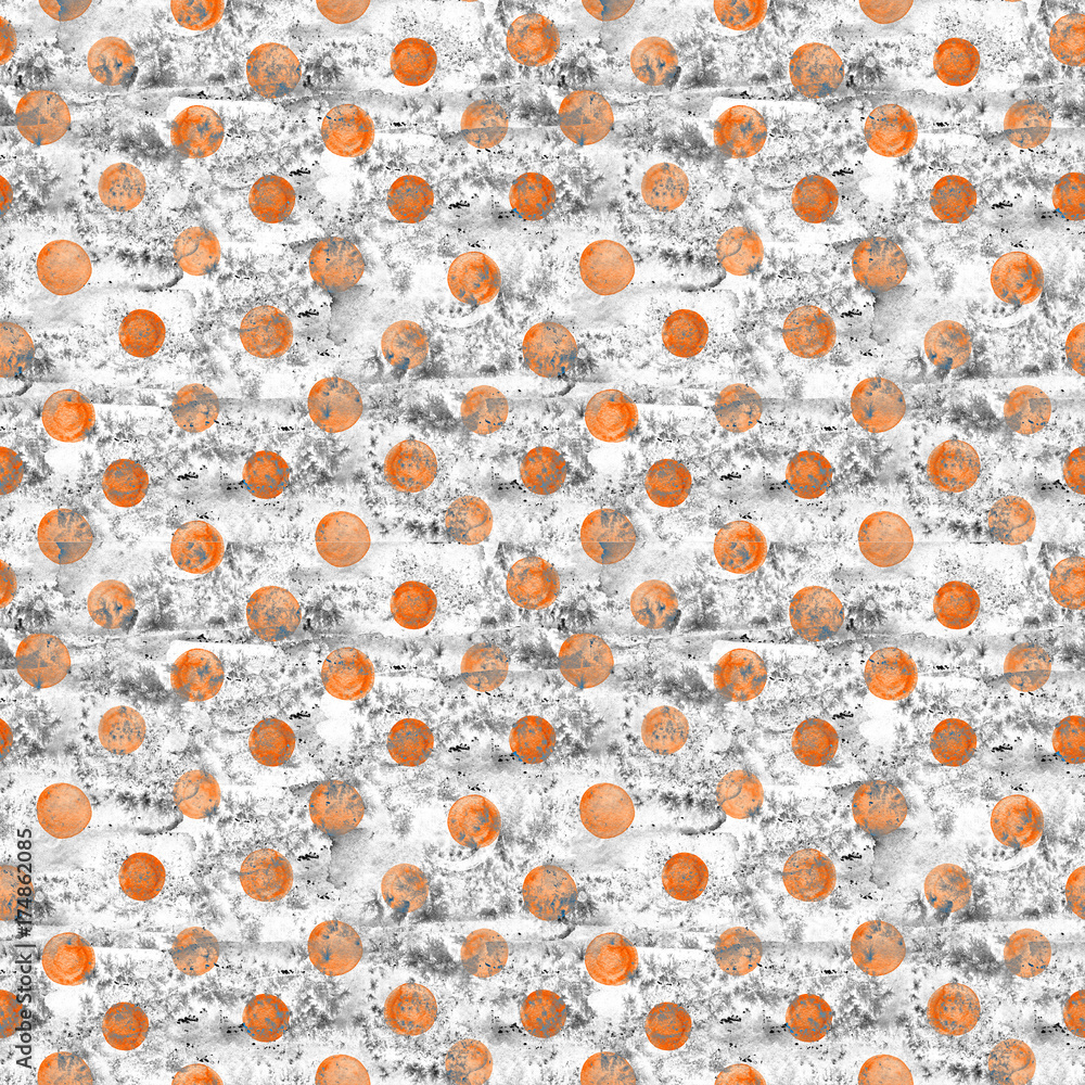Seamless hand drawn watercolor pattern made of round orange dots, isolated over white. Seamless hand drawn watercolor pattern made of round orange dots, isolated over white.