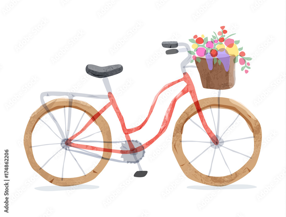 Vector illustration of retro bicycle. Types of bike: road bicycle, city, urban bike, old, cruiser. Vintage bicycle in watercolor style. Bike for girl with wooden basket, crate full of flowers. Red.