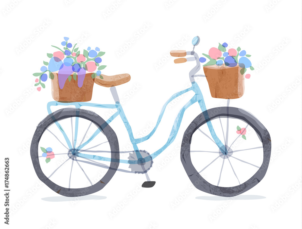 Vector illustration of blue retro bicycle. Types of bike: road bicycle, city, urban bike, old, cruiser. Vintage bicycle in watercolor style. Bike for girl with wooden basket, crate full of flowers.